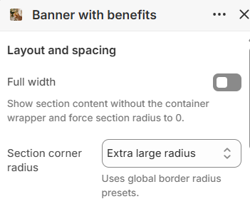 Banner with benefits layout and spacing settings in the Fragrance Shop Shopify theme editor