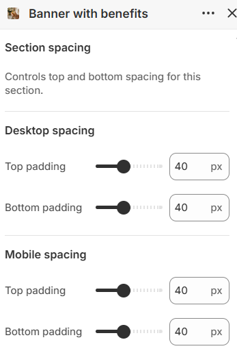 Banner with benefits section spacing settings in the Fragrance Shop Shopify theme editor
