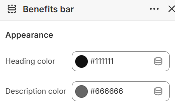 Benefits bar heading and description color settings in the Fragrance Shop Shopify theme editor