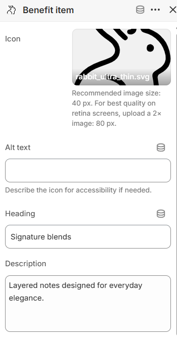Benefit item block settings for the Benefits bar section in the Fragrance Shop Shopify theme editor