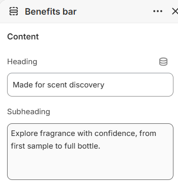 Benefits bar heading and subheading settings in the Fragrance Shop Shopify theme editor