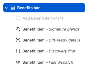 Benefits bar section and Benefit item blocks in the Shopify theme editor