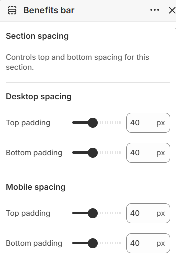 Benefits bar section spacing settings in the Fragrance Shop Shopify theme editor