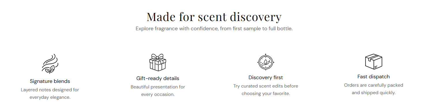 Benefits bar section preview on the Fragrance Shop storefront