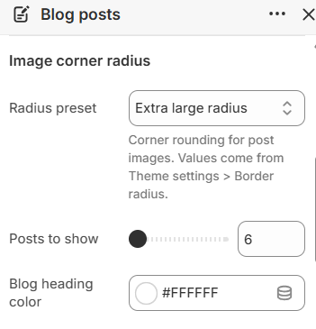 Blog posts corner radius, post count, and heading color settings in the Fragrance Shop Shopify theme editor
