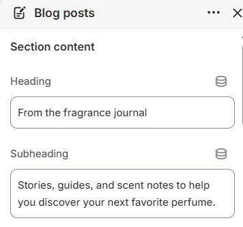 Blog posts heading and subheading settings in the Fragrance Shop Shopify theme editor