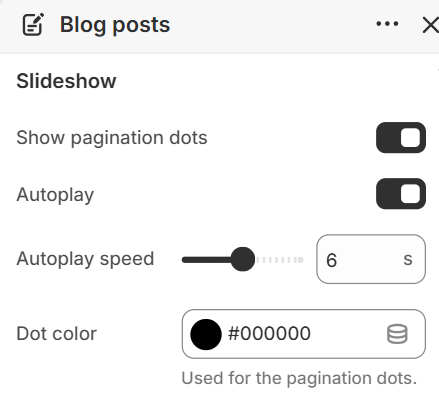 Blog posts slideshow settings in the Fragrance Shop Shopify theme editor