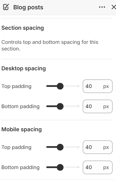 Blog posts section spacing settings in the Fragrance Shop Shopify theme editor
