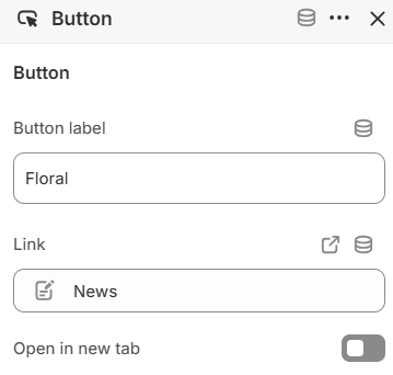 Button block settings for the Call to action cards section in the Fragrance Shop Shopify theme editor