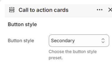 Call to action cards button style settings in the Fragrance Shop Shopify theme editor