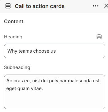 Call to action cards content settings in the Fragrance Shop Shopify theme editor