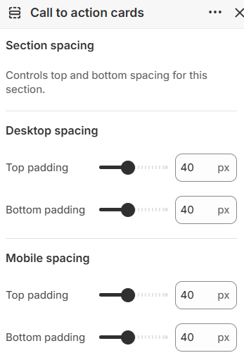 Call to action cards section spacing settings in the Fragrance Shop Shopify theme editor