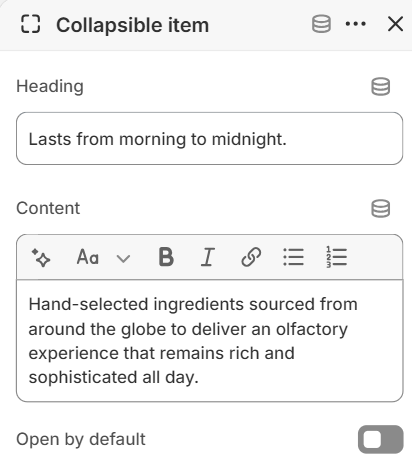 Collapsible item block settings for the Collapsible image content section in the Fragrance Shop Shopify theme editor