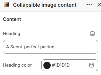 Collapsible image content heading settings in the Fragrance Shop Shopify theme editor
