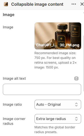 Collapsible image content image settings in the Fragrance Shop Shopify theme editor