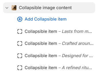 Collapsible image content section and Collapsible item blocks in the Shopify theme editor