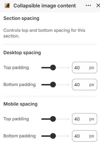 Collapsible image content section spacing settings in the Fragrance Shop Shopify theme editor