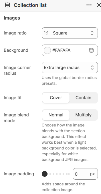 Collection list image ratio, background, corner radius, fit, blend mode, and padding settings in the Fragrance Shop Shopify theme editor