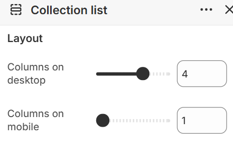 Collection list desktop and mobile column settings in the Fragrance Shop Shopify theme editor