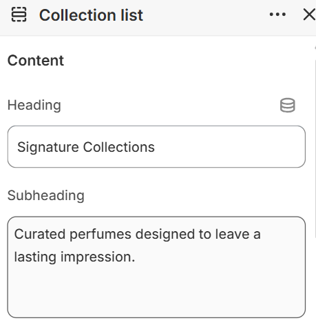 Collection list heading and subheading settings in the Fragrance Shop Shopify theme editor