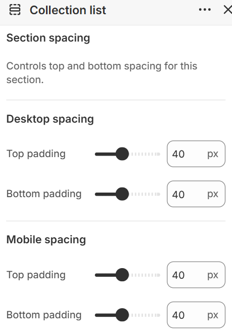 Collection list section spacing settings in the Fragrance Shop Shopify theme editor