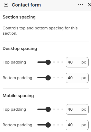 Contact form section spacing settings in the Fragrance Shop Shopify theme editor