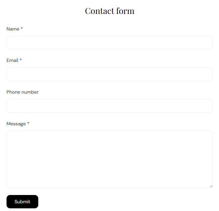 Contact form section preview on the Fragrance Shop storefront