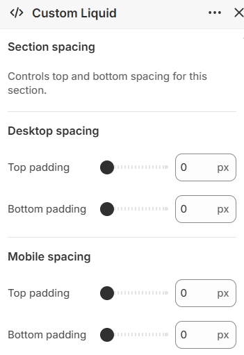 Custom Liquid section spacing settings in the Fragrance Shop Shopify theme editor