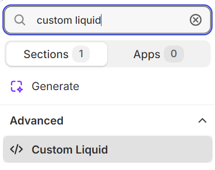 Custom Liquid in the Advanced group of the Fragrance Shop theme editor section picker