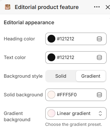 Editorial product feature editorial panel color and background settings in the Fragrance Shop Shopify theme editor