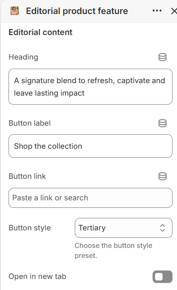 Editorial product feature editorial panel content settings in the Fragrance Shop Shopify theme editor