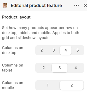 Editorial product feature desktop, tablet, and mobile column settings in the Fragrance Shop Shopify theme editor