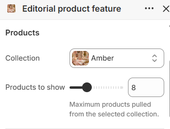 Editorial product feature collection and product count settings in the Fragrance Shop Shopify theme editor
