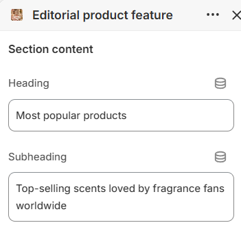 Editorial product feature heading and subheading settings in the Fragrance Shop Shopify theme editor