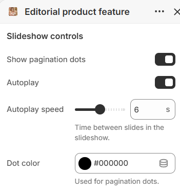 Editorial product feature slideshow control settings in the Fragrance Shop Shopify theme editor