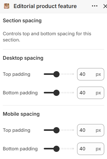 Editorial product feature section spacing settings in the Fragrance Shop Shopify theme editor