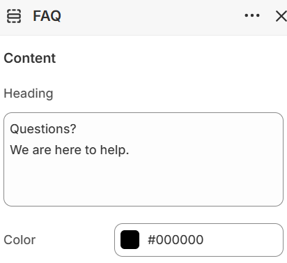 FAQ heading and color settings in the Fragrance Shop Shopify theme editor