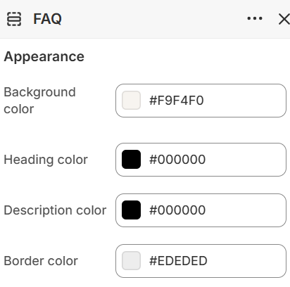 FAQ appearance color settings in the Fragrance Shop Shopify theme editor
