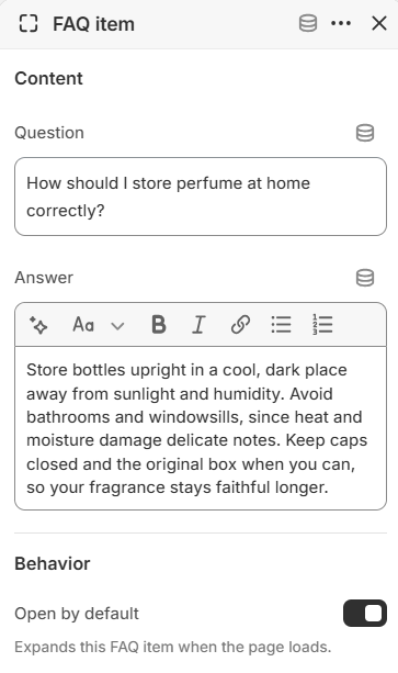 FAQ item block settings in the Fragrance Shop Shopify theme editor
