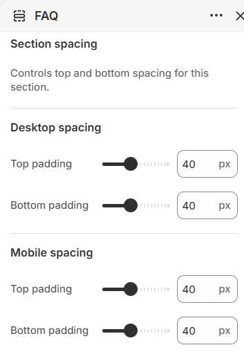 FAQ section spacing settings in the Fragrance Shop Shopify theme editor