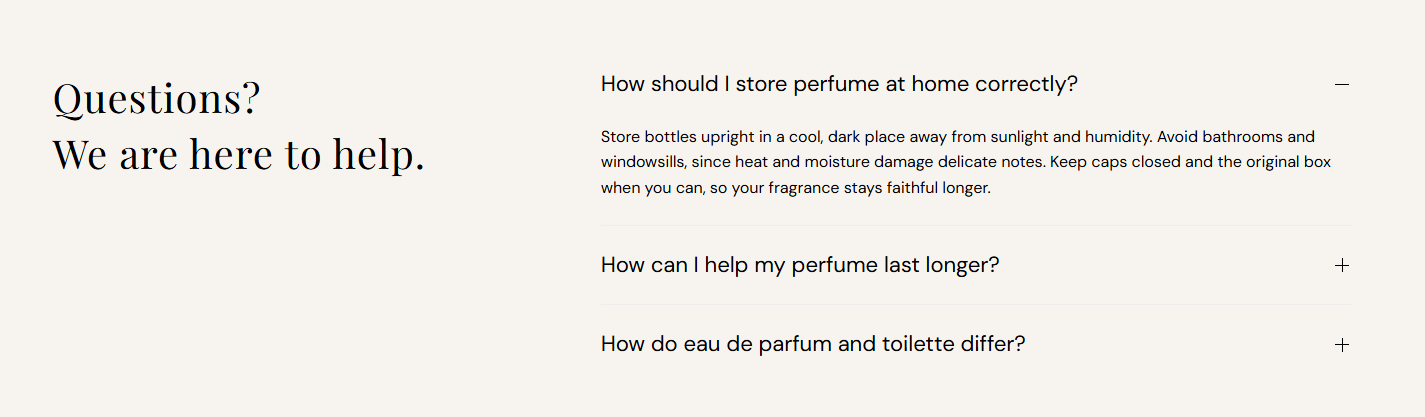 FAQ section preview on the Fragrance Shop storefront