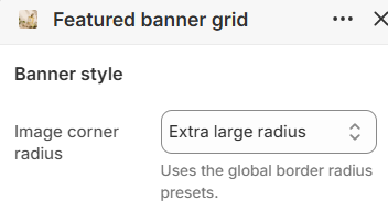 Featured banner grid image corner radius settings in the Fragrance Shop Shopify theme editor