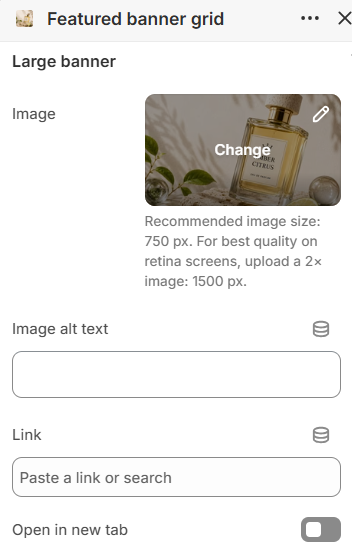 Featured banner grid large banner settings in the Fragrance Shop Shopify theme editor