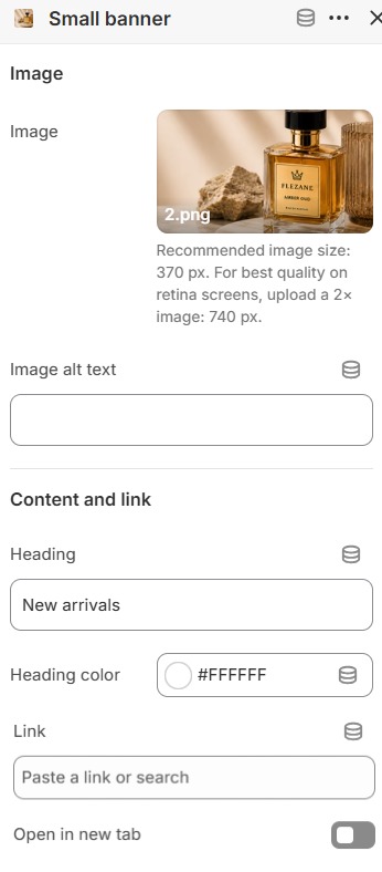 Small banner block settings for the Featured banner grid section in the Fragrance Shop Shopify theme editor