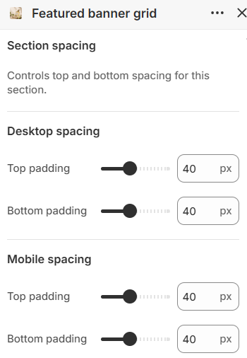 Featured banner grid section spacing settings in the Fragrance Shop Shopify theme editor