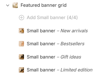 Featured banner grid section and blocks in the Shopify theme editor