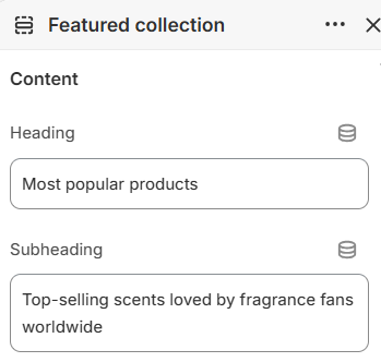 Featured collection heading and subheading settings in the Fragrance Shop Shopify theme editor