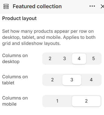 Featured collection desktop, tablet, and mobile column settings in the Fragrance Shop Shopify theme editor