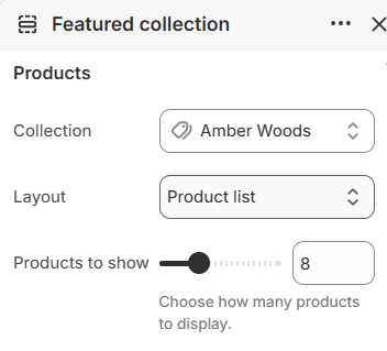 Featured collection, layout, and product count settings in the Fragrance Shop Shopify theme editor