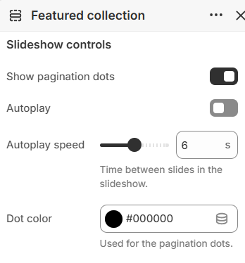 Featured collection slideshow control settings in the Fragrance Shop Shopify theme editor